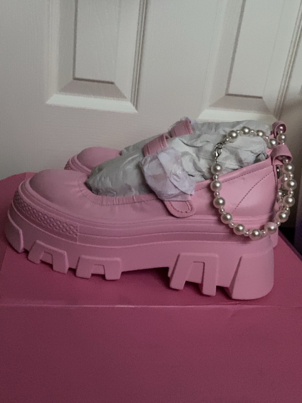 Sugar Thrillz Pink Platform Mary Jane Loafers with Pearl Strap